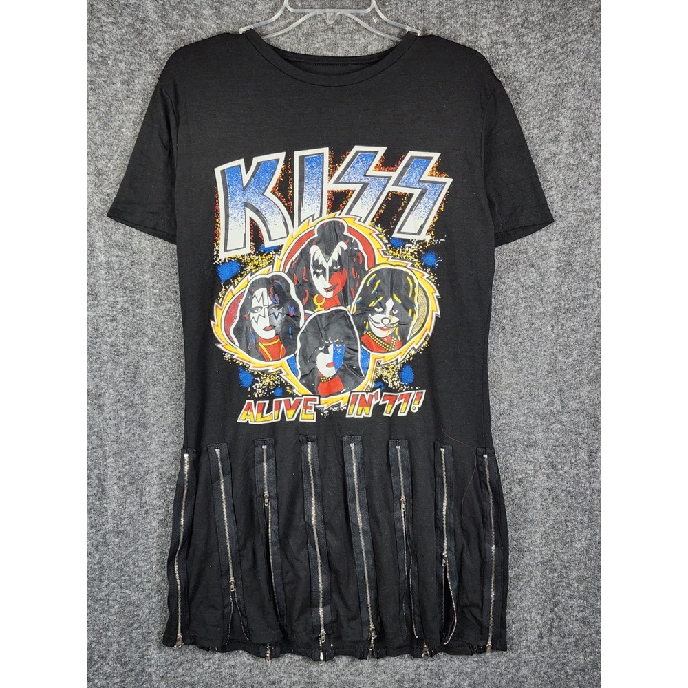 KISS T-Shirt Dress Women 2XL Black Alive In 77 Graphic Zipper Hem Rocker